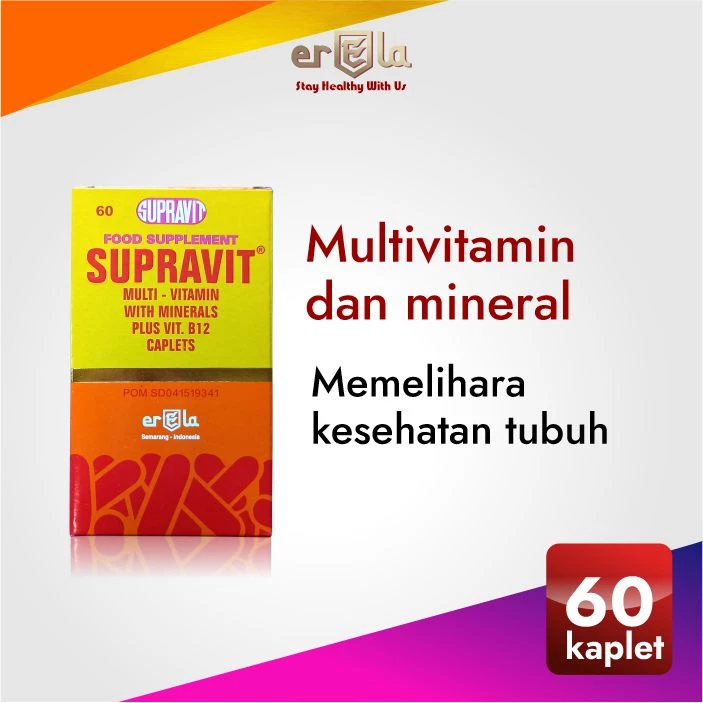 SUPRAVIT botol / multivitamin mineral isi 60 kaplet / supplemen daya tahan tubuh / Vitamin A D B C E K kalsium Folat MAgnesium Zinc untuk dewasa