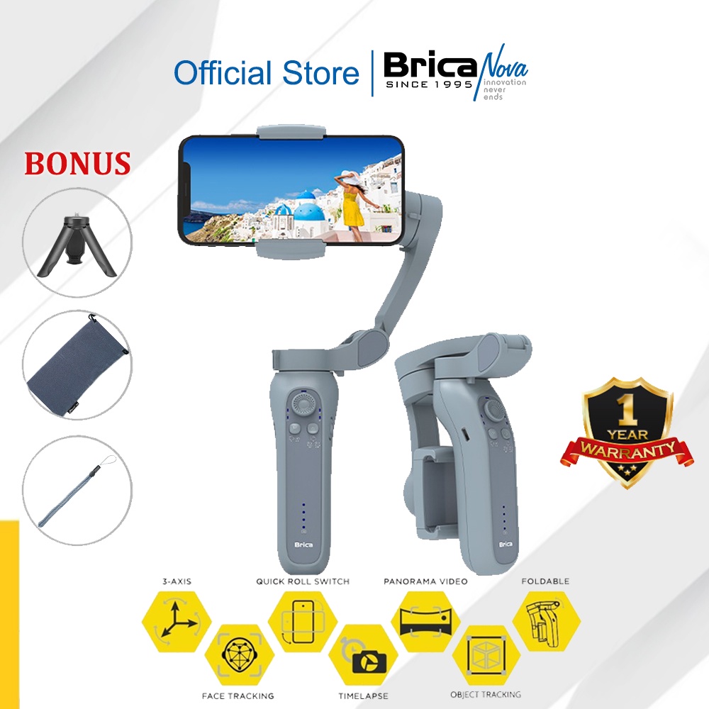 Brica B-Steady 2 Pocket 2022 - 3 Axis Smartphone Gimbal - Grey - Bonus Tripod Mini + Pouch + Hand Strap