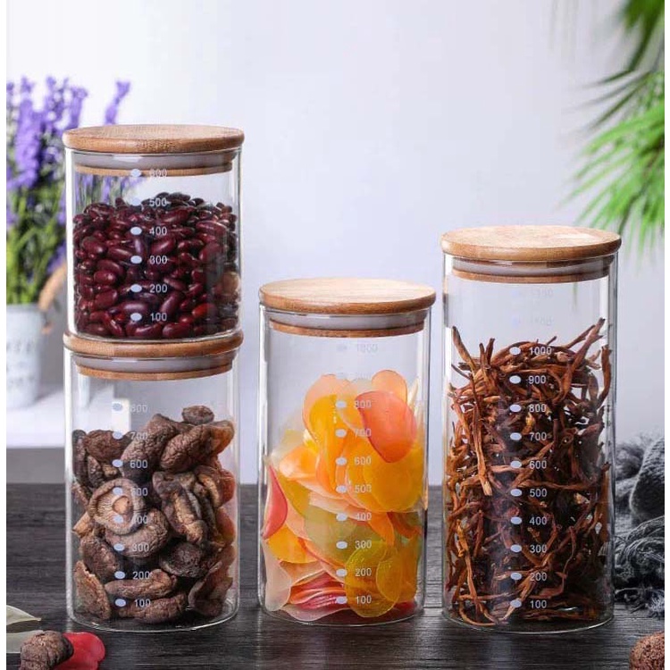 Toples Kaca Toples makanan bentuk bulat dengan penutup kayu kedap udara organizer makanan