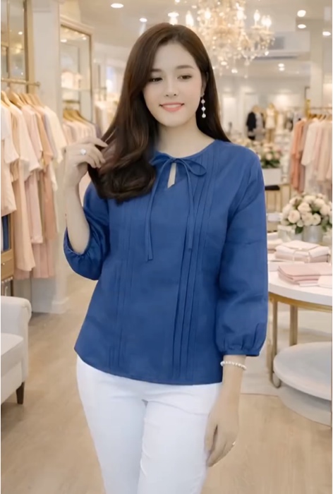Atasan blouse wanita Korea cantik imut kerah bulat tali lipit warna solid#belilokal #atasanwanita #fyp
