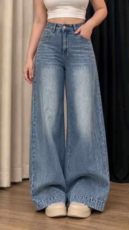 YOYO - New Biru Kekinian Highwaist Kulot Loose Celana Wide Leg Jeans Wanita Korea Style #SpillRacunShope #GakNyeselBeliI #OOTDFashionShopee