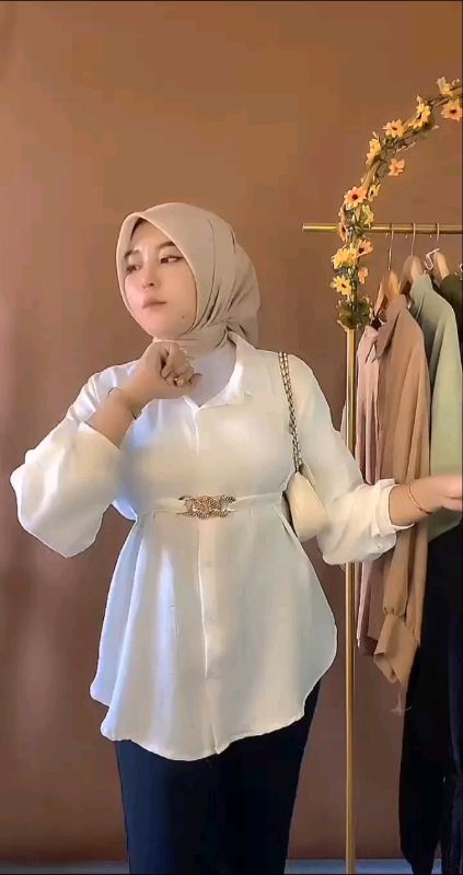 Safaraz Kemeja Wanita Polos Motif Rantai Lengan Balon Korean Style Muslim Premium#RacunShopee #ShopeeFashionHaul