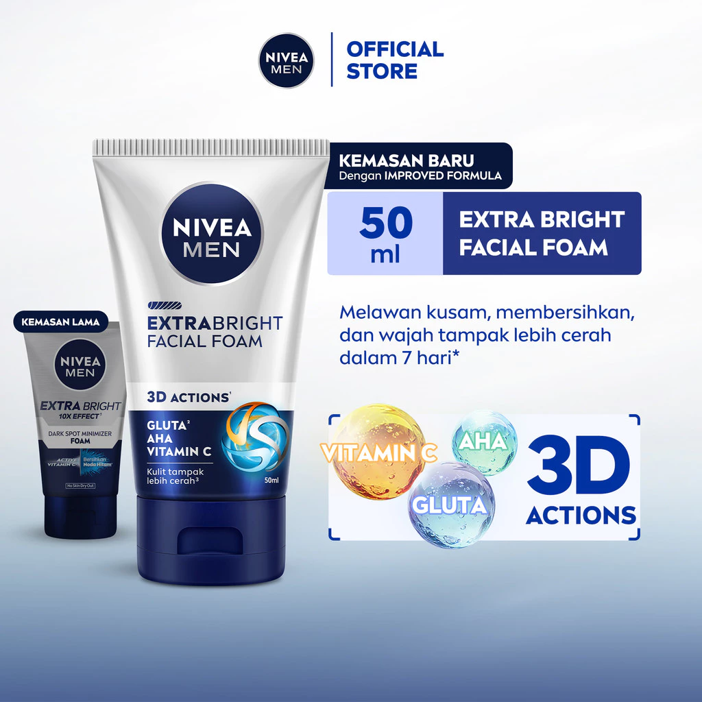 NIVEA MEN Facial Foam Extra Bright Facial Foam 50ml - Sabun cuci muka pria mencerahkan bintik hitam brightening kulit kusam cleanser facial wash pembersih wajah cerah
