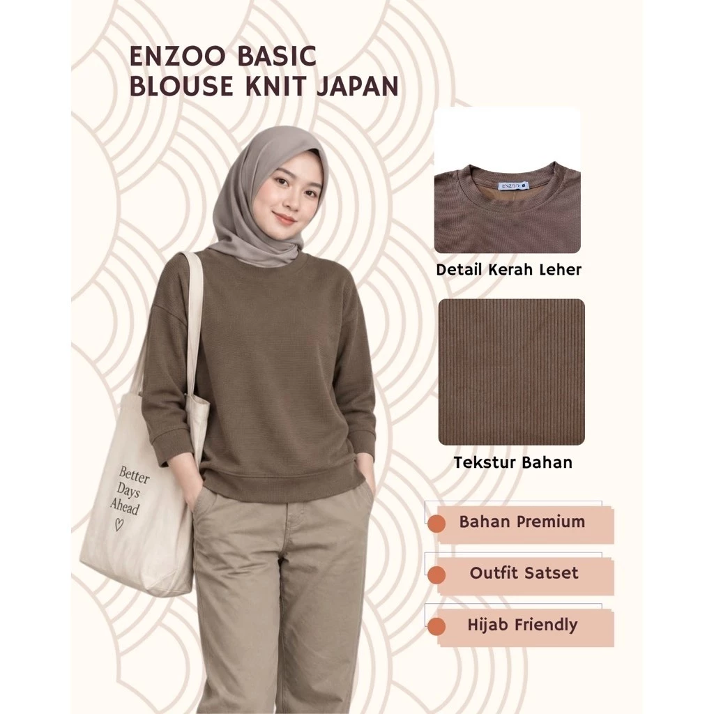 ENZOO Basic Blouse Knit Sweater Premium Lengan 7/8 Korean Style Atasan Wanita Polos Oversize Daily Outfit