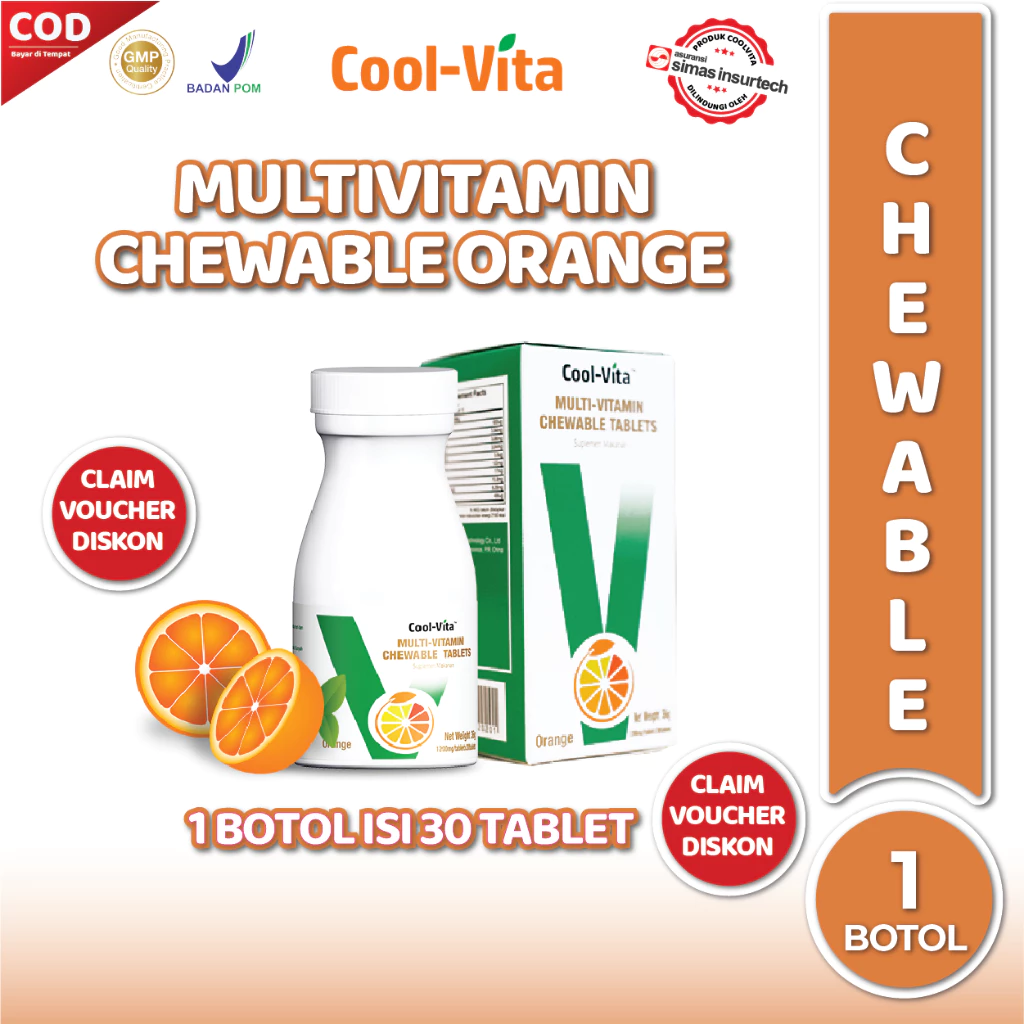 Coolvita MultiVitamin Chewable (Kunyah) Suplemen Makanan Rasa Orange isi 30 Tablets