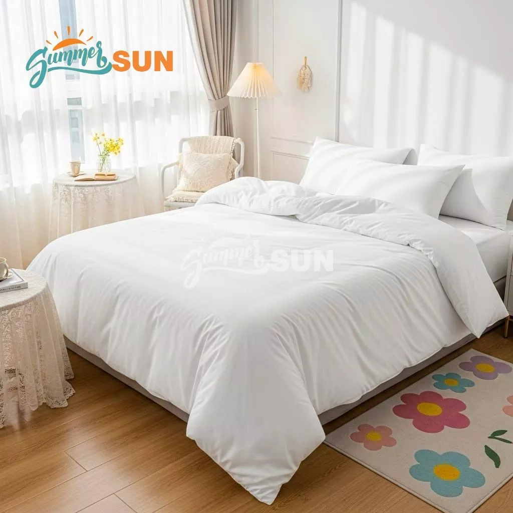 Bedcover Set Plain White - Hotel - Putih Polos - Putih Tulang - Ukuran Lengkap Bisa Custom - Summersun09