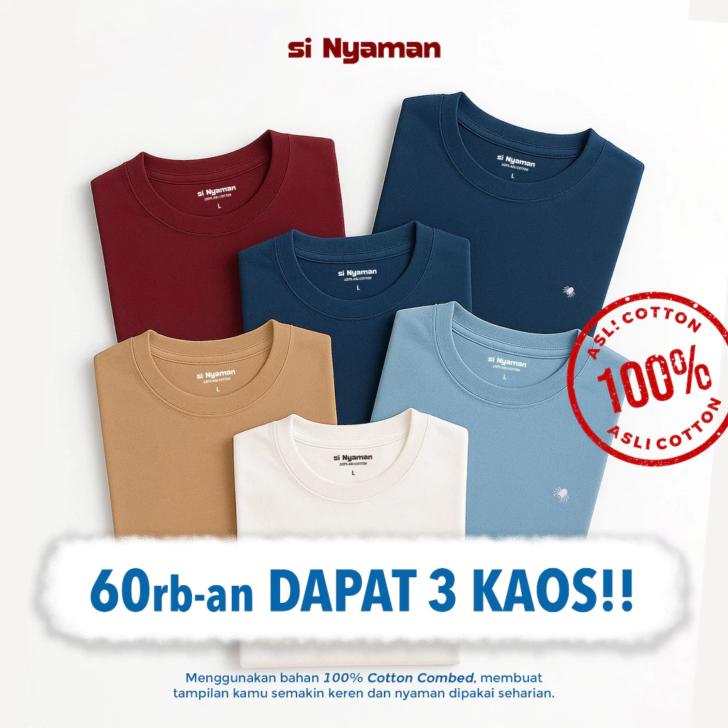 Paket 3 PCS Kaos Oblong Polos Lengan Pendek Pria Wanita 100% Cotton Combed Unisex