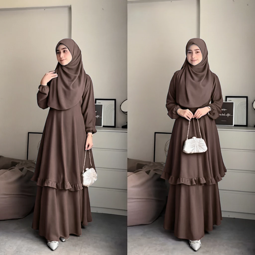 Ainun Dress Kurung Syari Dewasa Melayu / Gamis Ainun Melayu Terbaru Ceruty Babydoll Full Puring