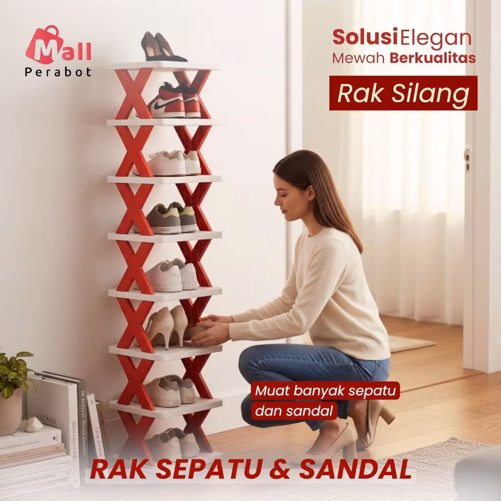 Mall Perabot, Rak Sepatu X Susun Plastik Modular Tempat Sandal Silang Aesthetic Hemat Ruang 4 5 8