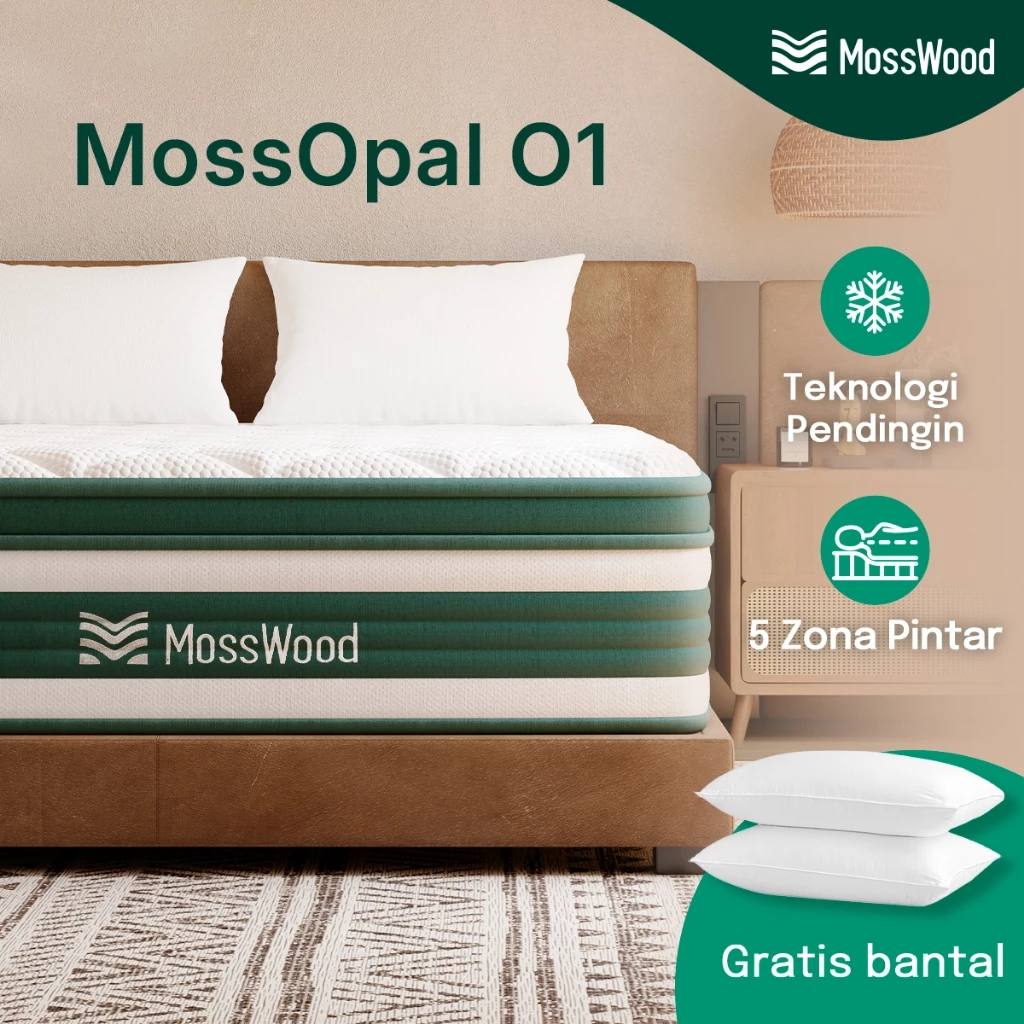 MossWood Opal O1 Kasur Sistem Pegas Cerdas 5 Zona busa spons Pocket Spring 30cm lantai matras anti lembab Free bantal
