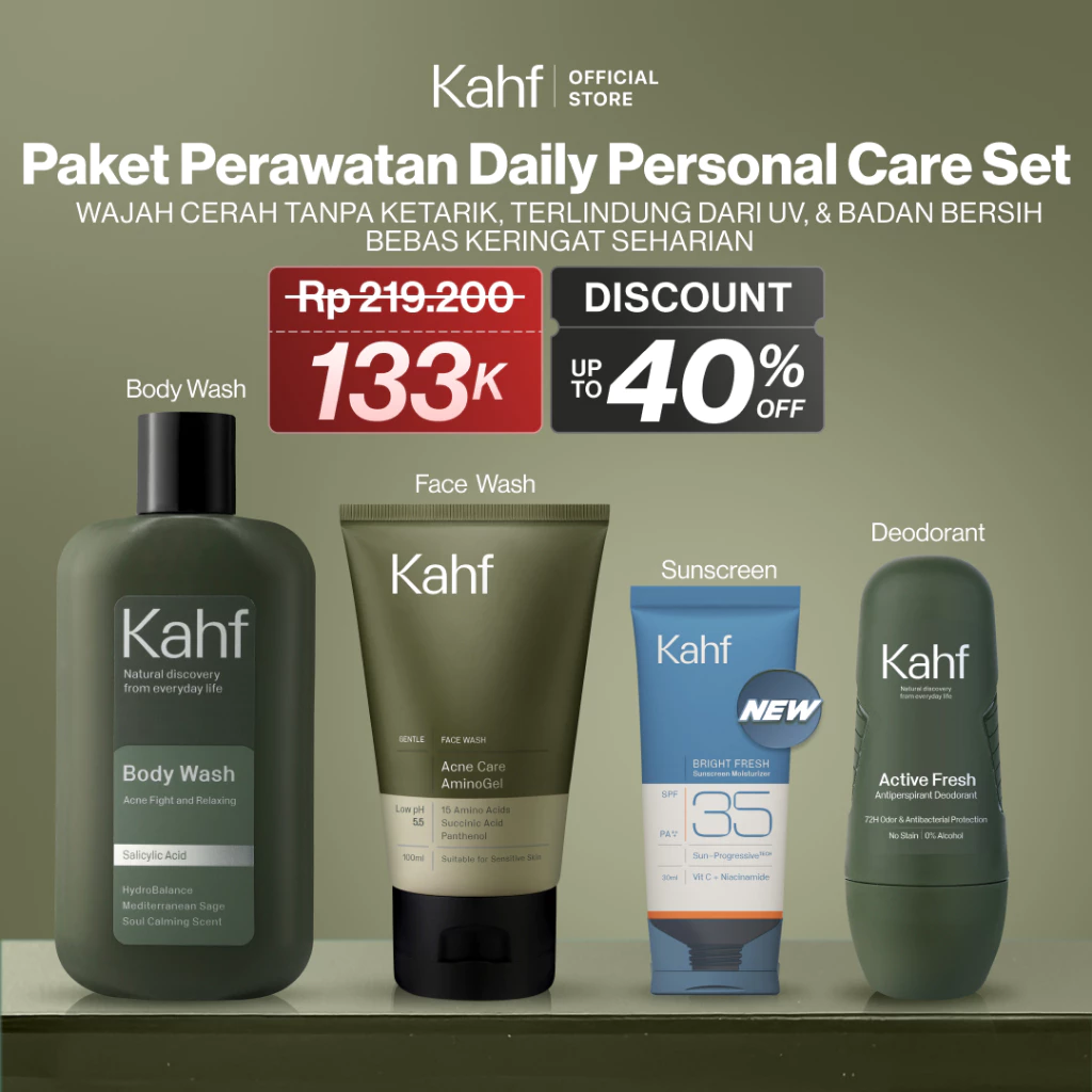 [KAHF BUNDLE 4IN1 PAKET PERAWATAN DAILY USE ESSENTIALS] Paket Personal Care (Face Wash + Sunscreen Moisturizer + Body Wash + Deodorant) - Wajah Cerah Tanpa Ketarik,