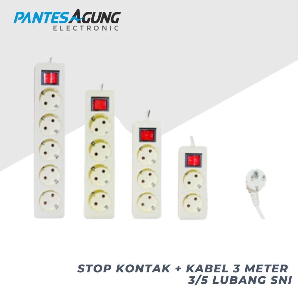 STOP KONTAK + KABEL 3 METER 3/5 LUBANG SNI