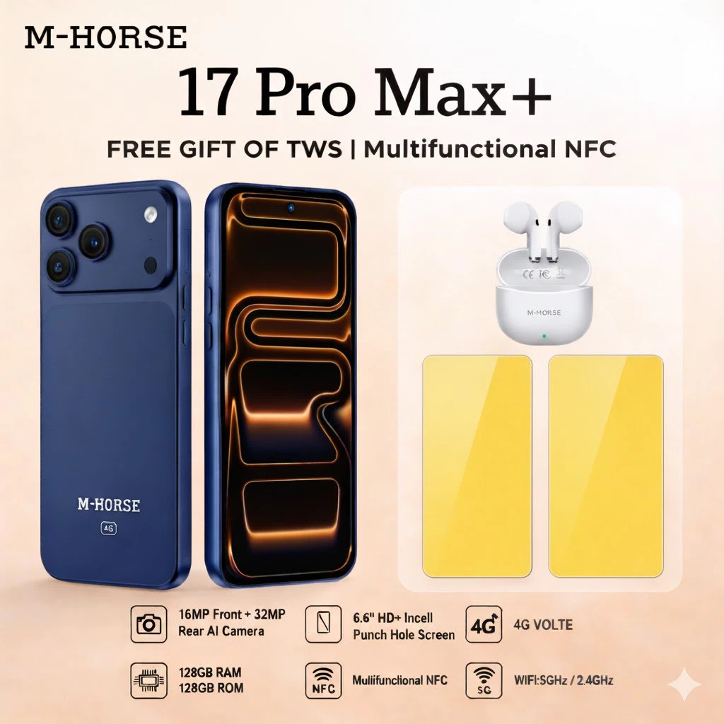M-Horse 17 Pro Max+ 4G Smartphone Dual SIM 6GB 128GB NFC Layar HD Bonus Headset Bluetooth