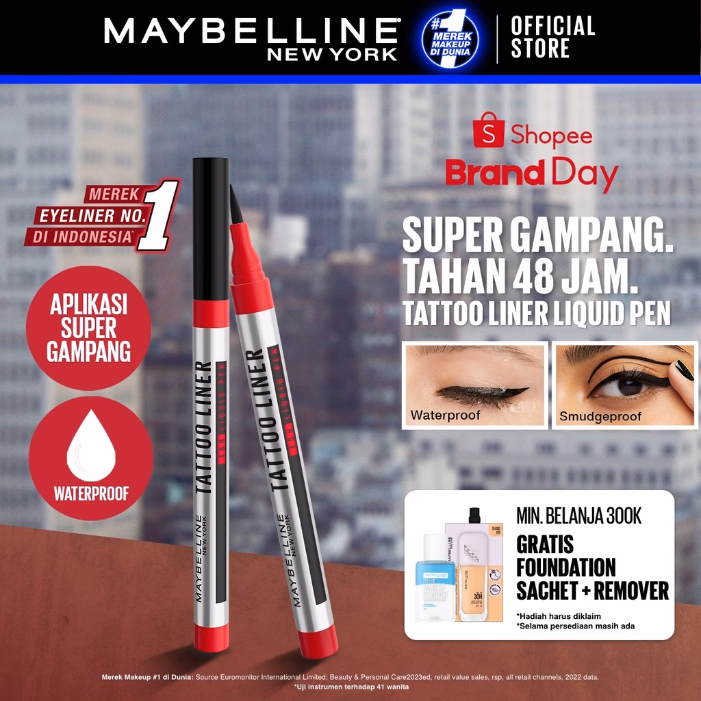 MAYBELLINE OFFICIAL Tattoo Liner 48H Liquid Pen EyelinerWaterproof Make up Line Tattoo High